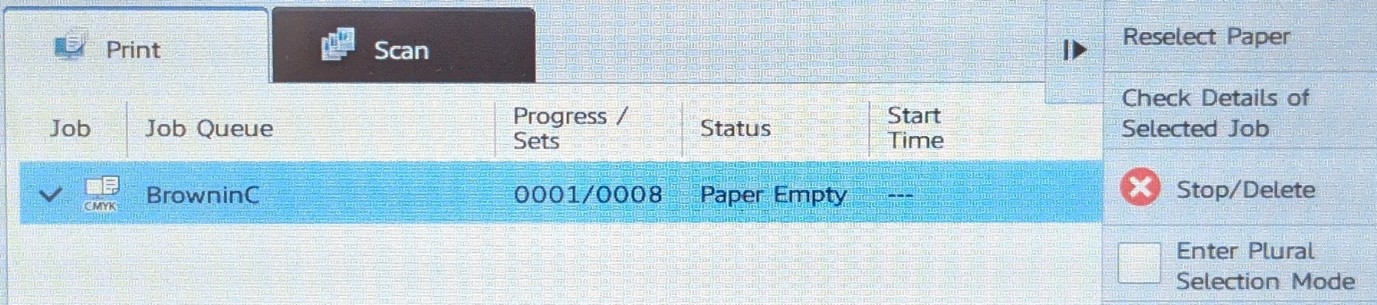 Check Job Options will display the print job, select Stop / Delete