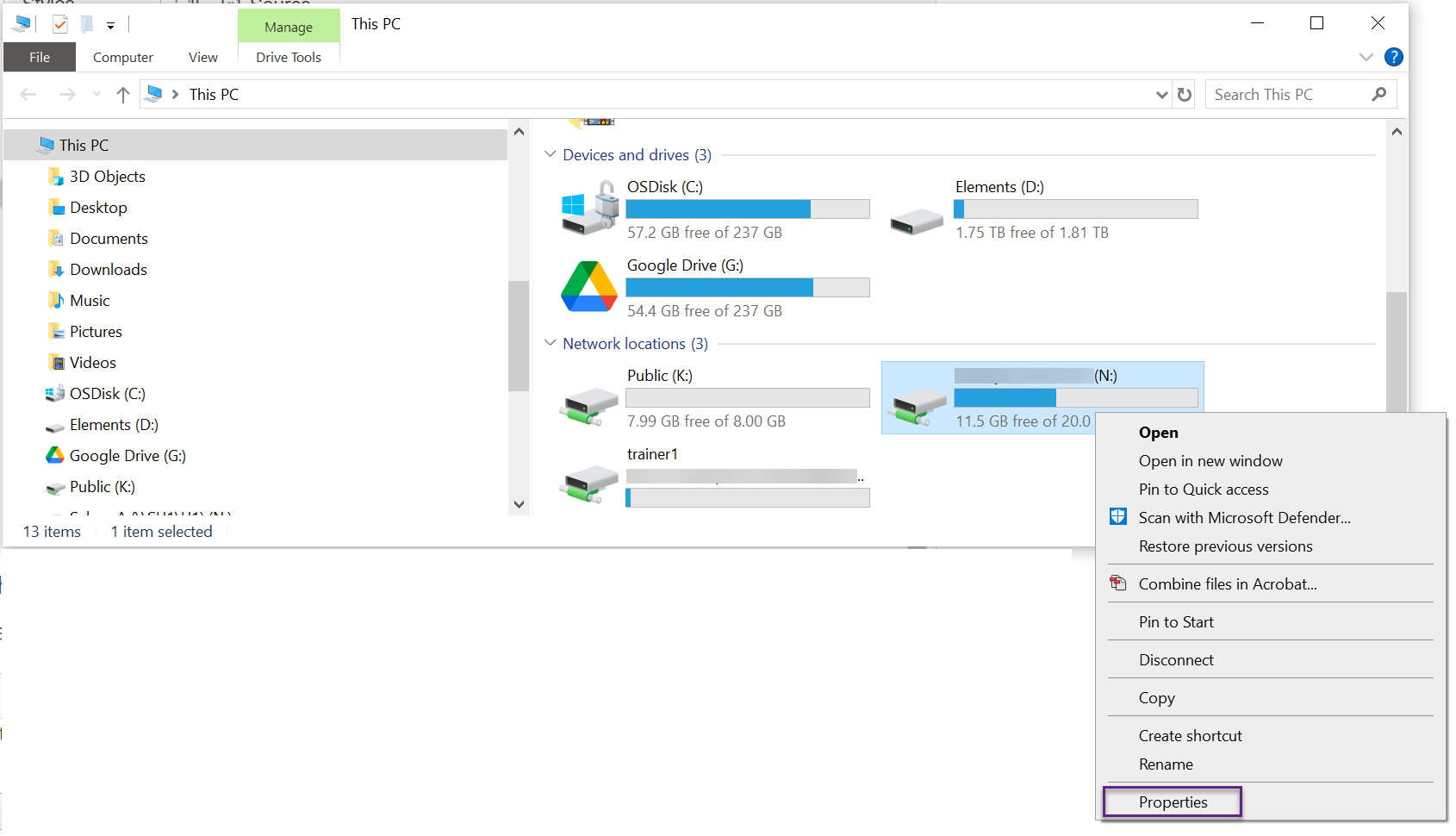File Explorer with N Drive Selected, a right click has displayed the Properties option