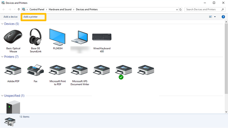 Devices and Printers window