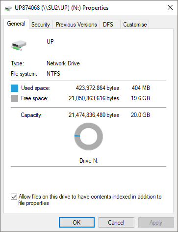 The Properties window for the N drive with the General tab selected
