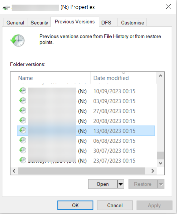 N drive Properties showing the Previous Versions Tab