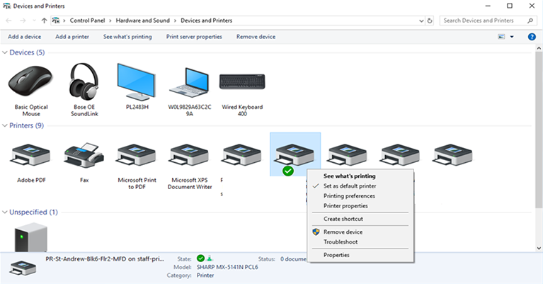 The context menu for the printer in the Devices and Printers window