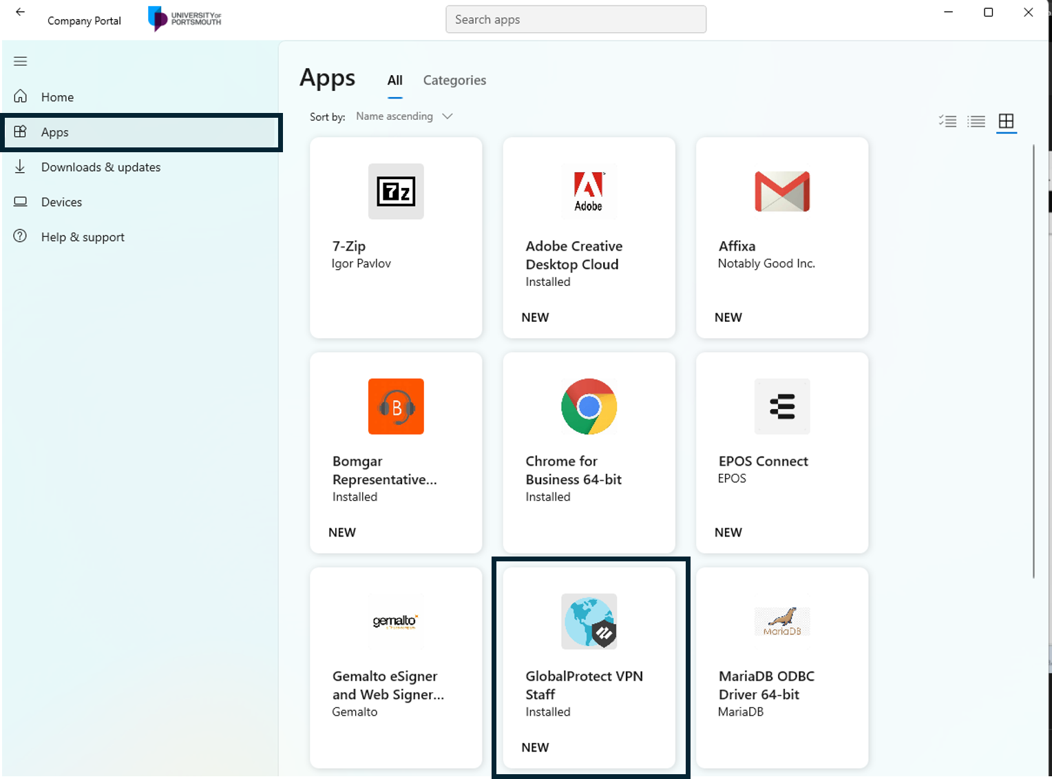 Company Portal showing the VPN tile